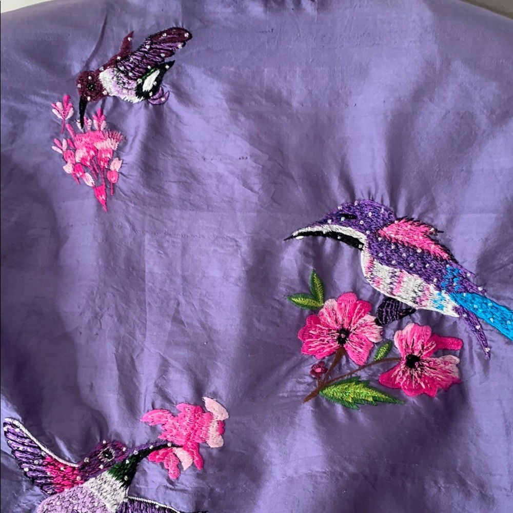 Vintage Anage Silk Purple Embroidered Hummingbird Fully Lined Bird Jacket Size M - Picture 8 of 9